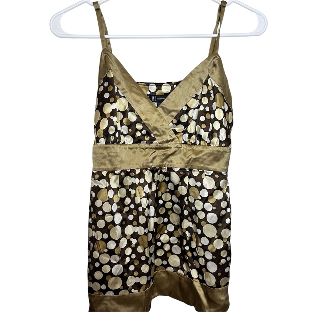Y2K Babydoll INC Brown Gold Polka Dot Lace Trim Tie Waist Long Sleeve